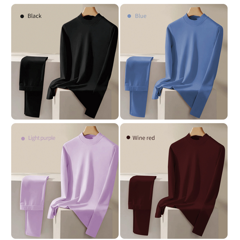 Women Ribbed Cotton German Fleece Mid-Neck Thermal Set