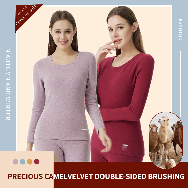 Camel Hair Crew/Mid-Neck Thermal Underwear Women Set