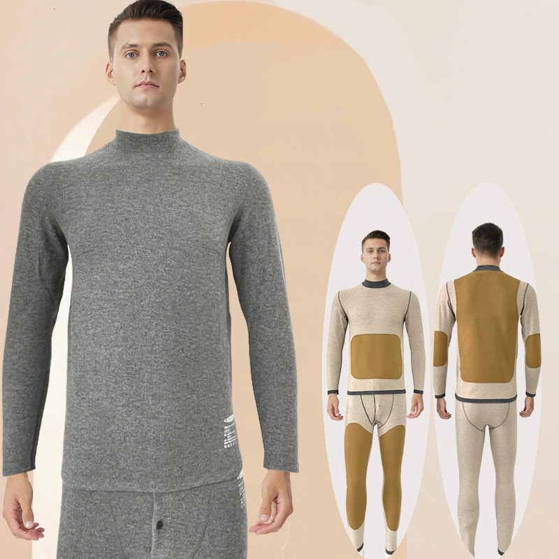Mid-Collar Fleece-Lined Thermal Underwear Set for Men